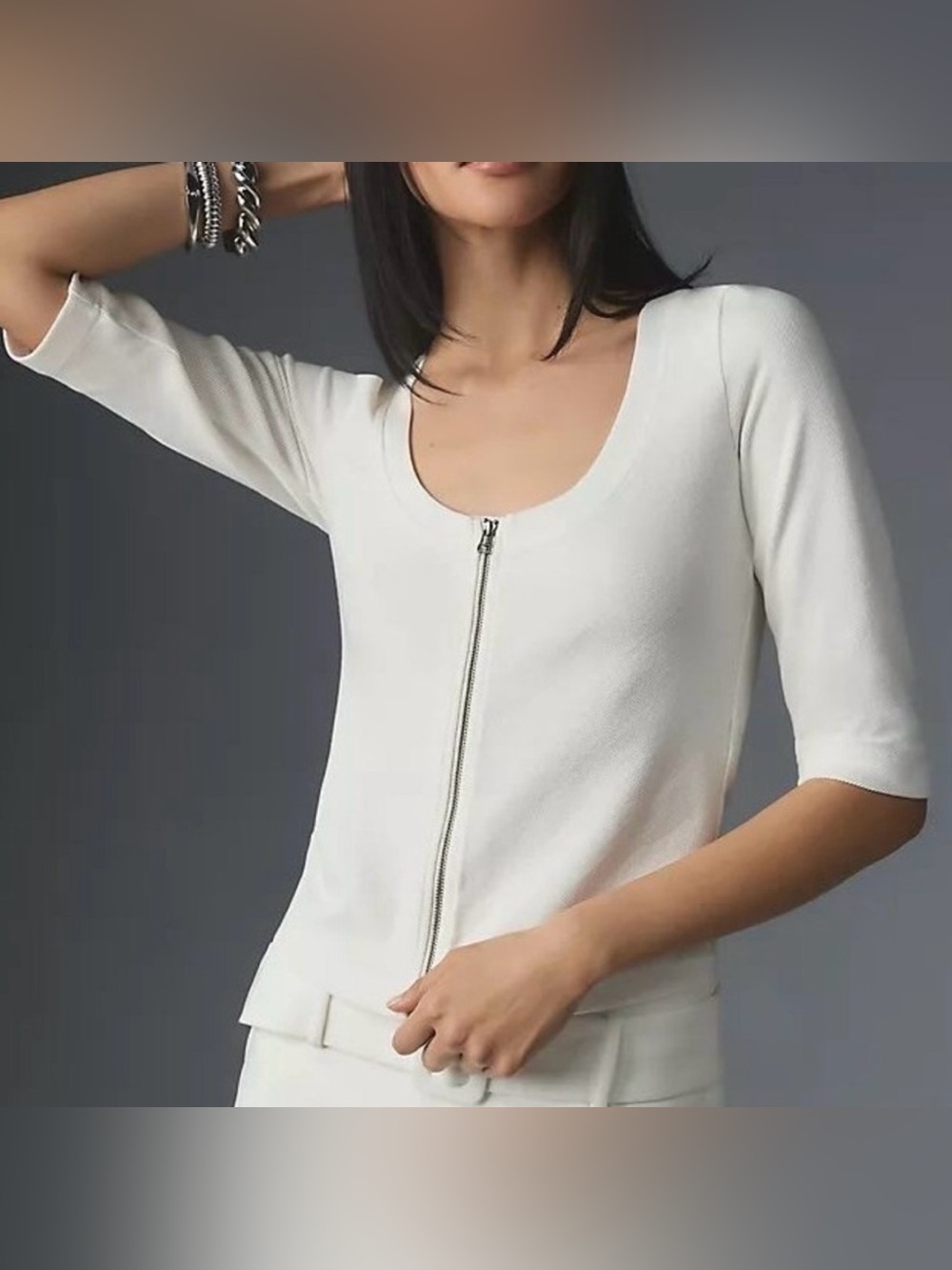 Anthropologie Maeve Front Zip Scoop-Neck Top White XX-Small